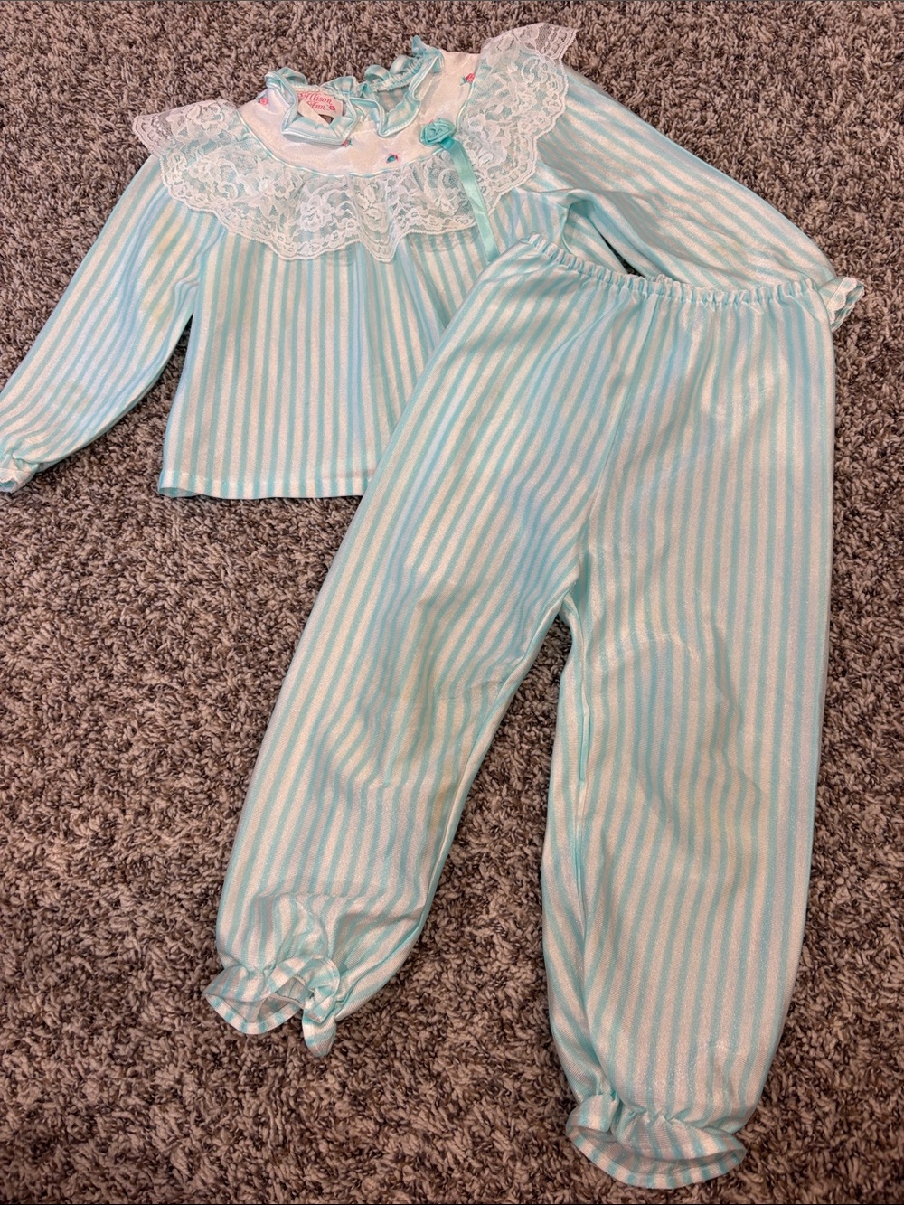 Allison Ann Girls' Light Blue and White Striped Lace-Collar Vintage Pajama Set